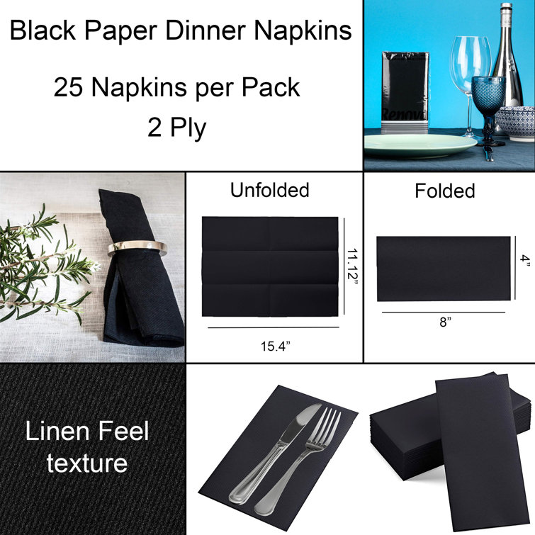 ROLLLUX Renova LinenFeel Paper Dinner Napkins Folded 2 Ply Black Pack